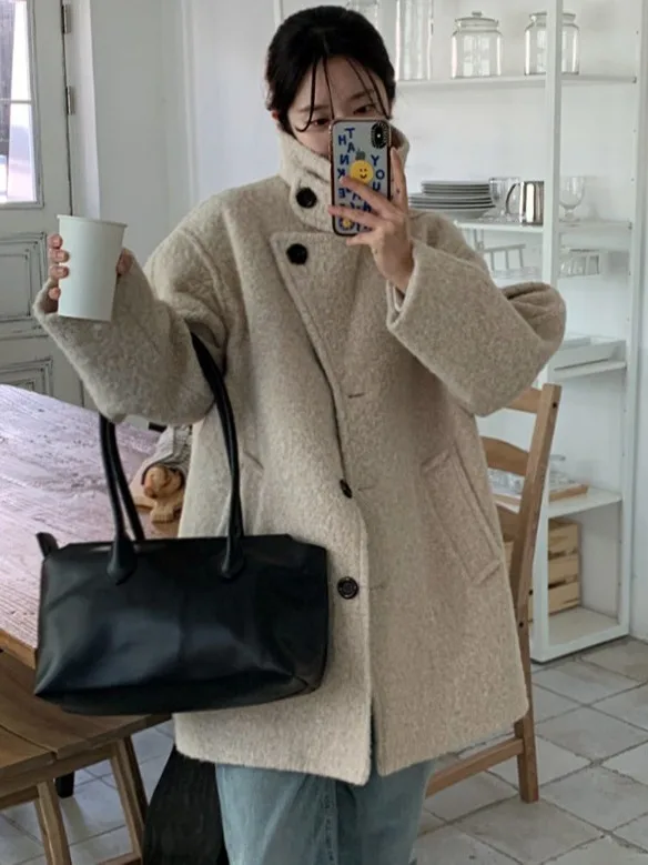 

Ele Korean Sle Women's Woolen Coat Autumn Winter Vintage High Collar Angle Button Design Sensation Outerwear
