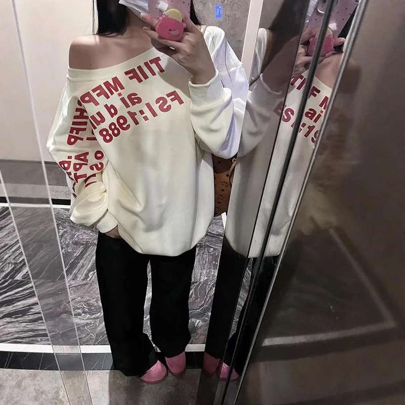 2025 Autumn Women's Sweatshirt Letter Print Off Shoulder Long Sleeve Gray Niche Loose Slim Fit Sweet