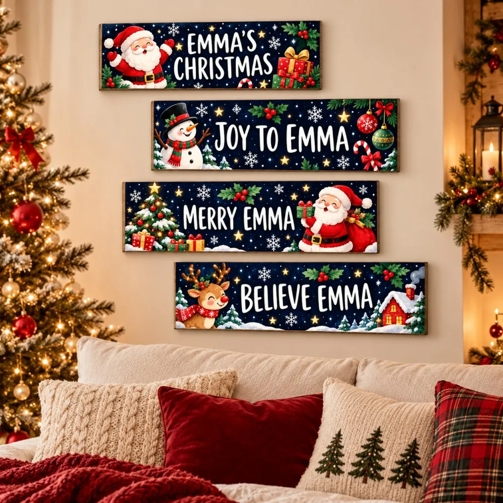 4pcs Custom Name Christmas Wall Signs Personalized Wood Plaques UV Printed Holiday Hanging Decor for Home Family Fireplace Gift