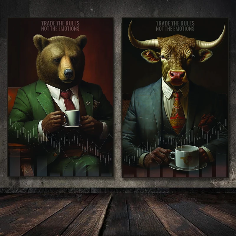 Stock Market Wall Street Bull Bear Drink Coffee Monopoly Art Canvas Painting Posters and Prints Wall Pictures for Room Decor