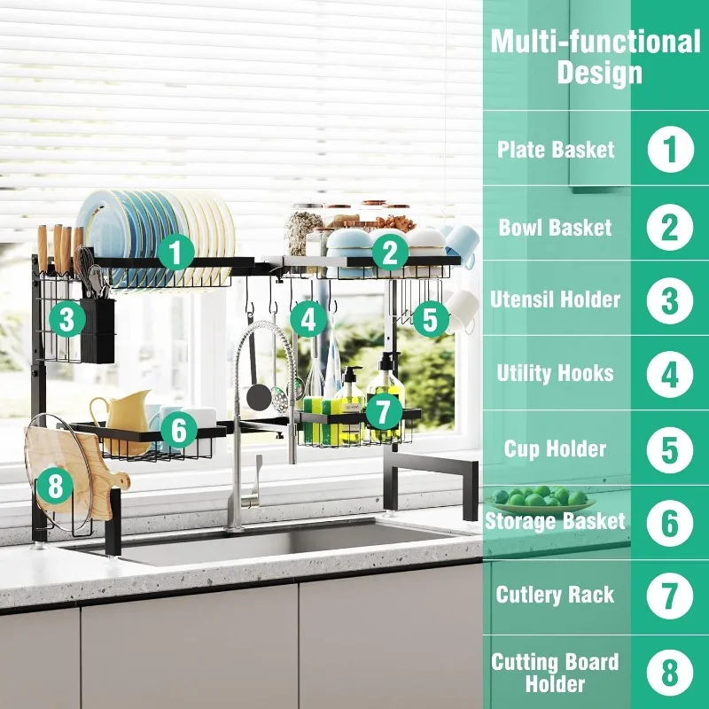 Over The Sink Dish Drying Rack Adjustable (Length and Height) Large Dish Rack, 2-Tier 4 Baskets Stainless Steel Dish Drainers