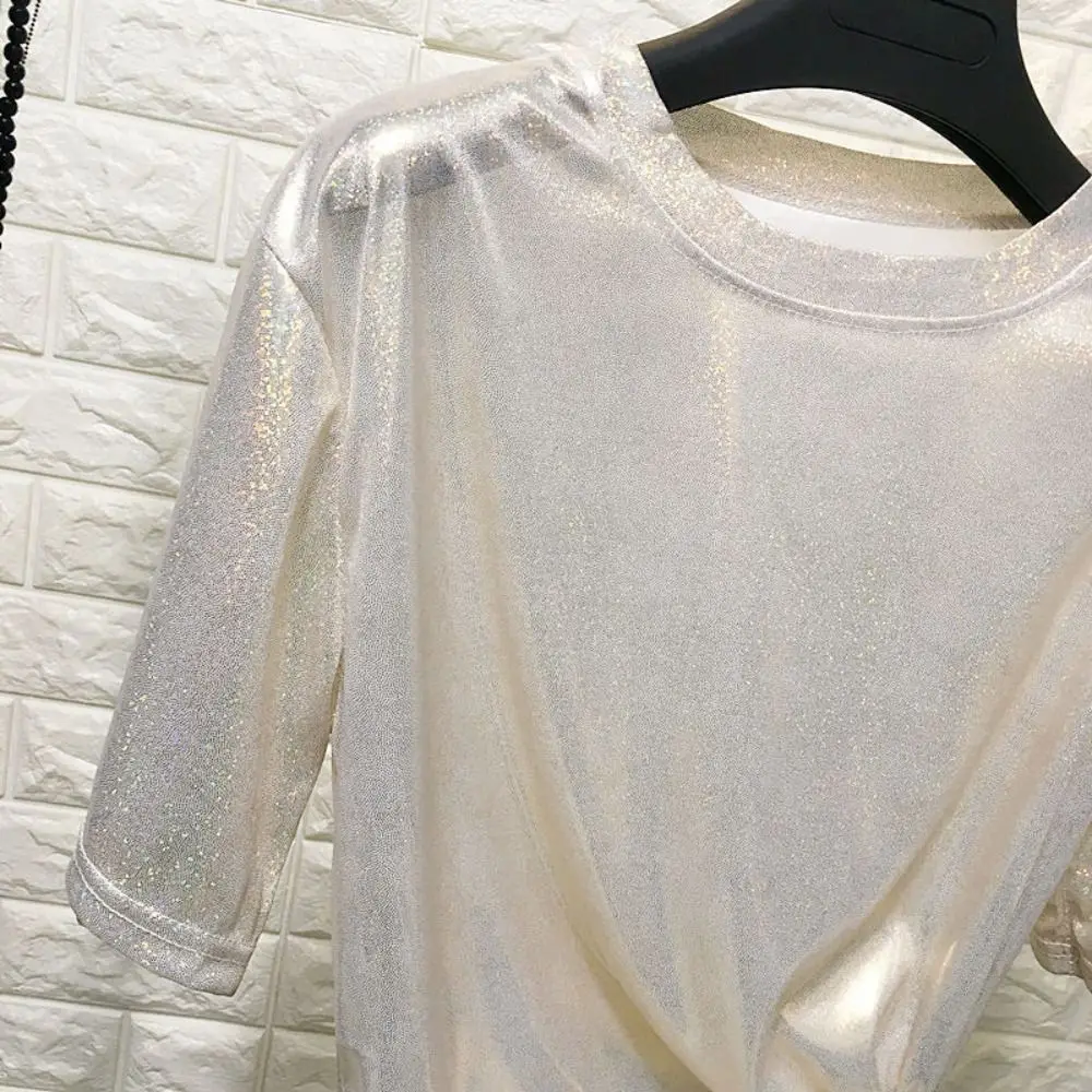 Fashion Summer T-shirt Bright Silk Shiny Women Tops Harajuku Aesthetic Short Sleeve Tshirt Women