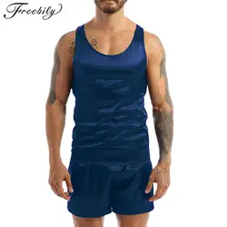 Fashion Men's Pajamas Set Summer Satin Male Sleeveless Tank Top Shorts Sleepwear Loungewear Nightwear Homesuit Casual Homewear