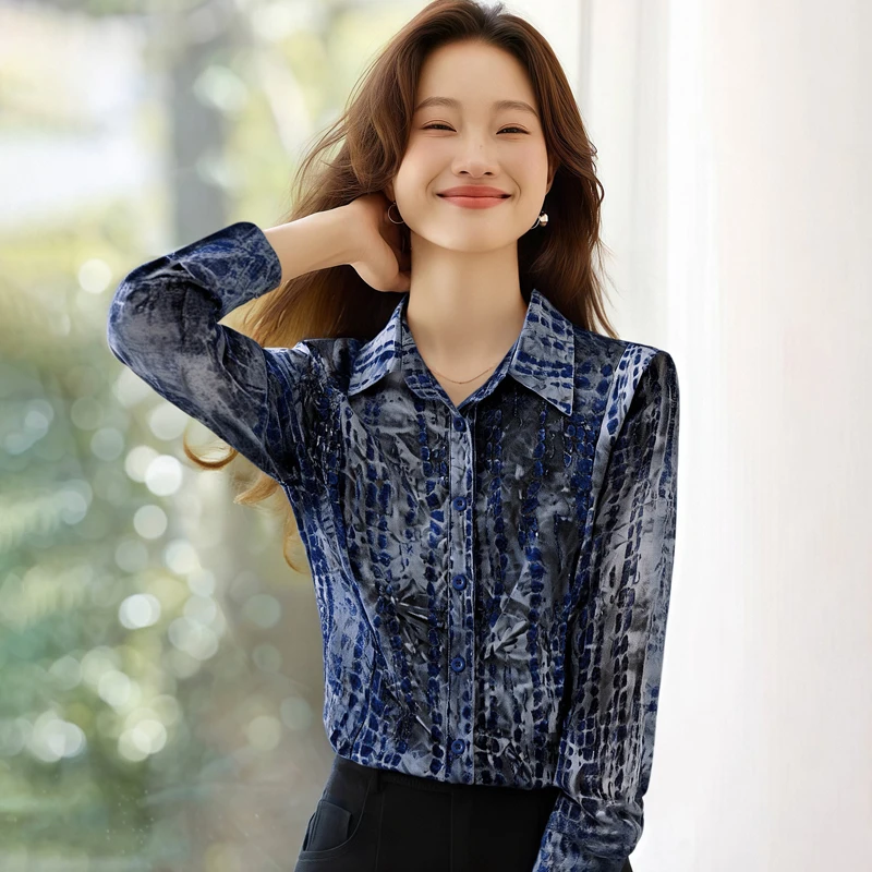 

Новые женские флокированные рубашки с лацканами и длинными рукавами, женские дышащие модные однобортные блузки, подходящие для повседневной носки