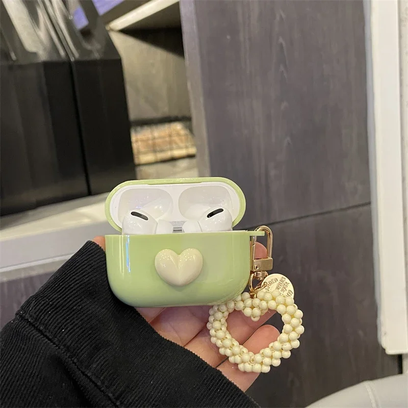 Love Matcha Green Protective Case for Airpods1/2/3/pro Wireless Bluetooth Headphone Case with Love Bracelet Fashion Jewelry