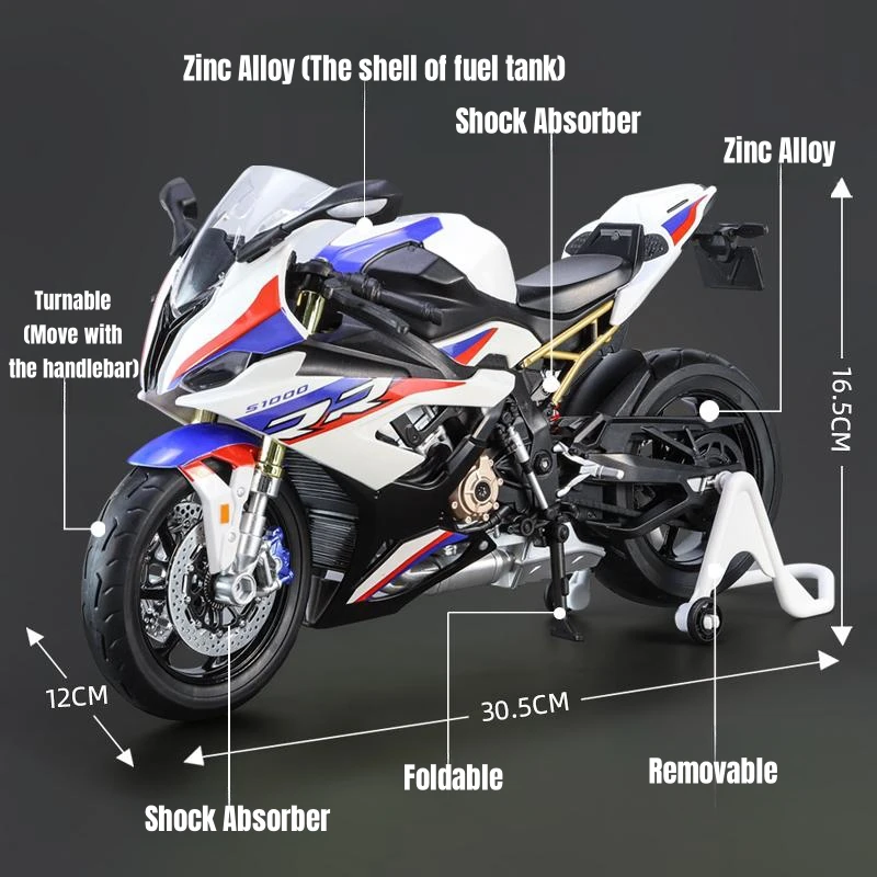 1/9 BMW S1000RR Racing Toy Motorcycle For Children Diecast Metal Large Size Model Super Racing Lightable Collection Gift For Boy