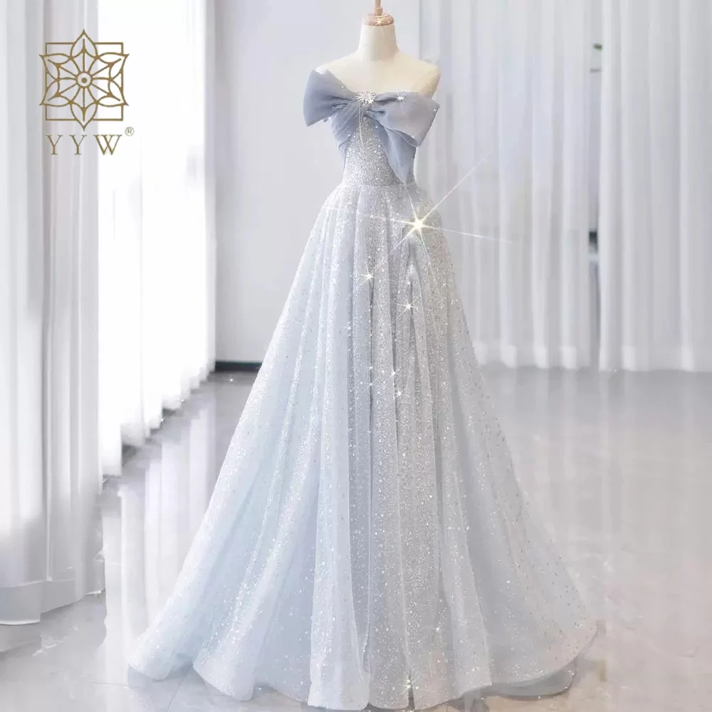 Simple Blue Soft Tulle Korea Prom Dresses Luxury Strapless Lace Up Evening Gowns For Women Wedding Party Dress Formal Prom Gown