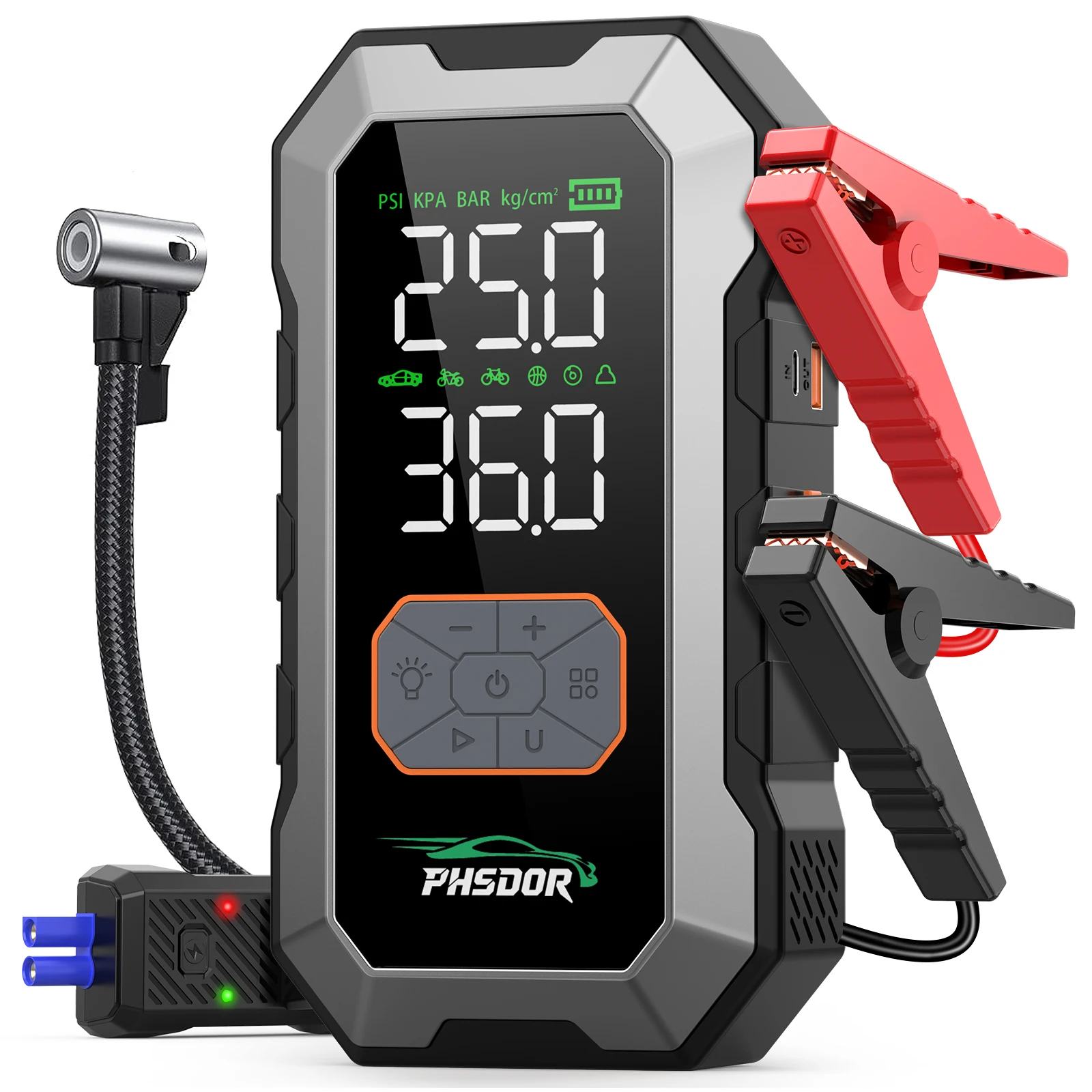 1500A peak Multi-functional Emergency Start Power Supply with Air Pump, 150PSL Portable Car Battery Starter, Digital Tire Inflator, Suitable for ALL Gasoline Or 10L Diesel Battery, LED Emergency image 3