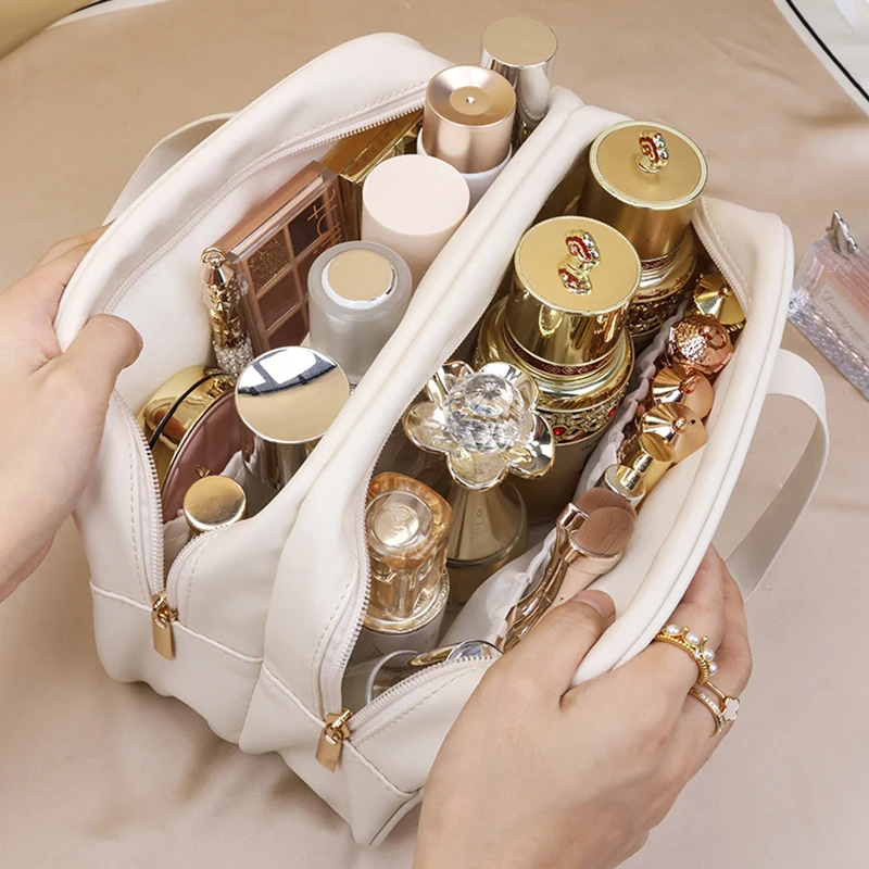 Borsa cosmetica portatile a doppio strato borsa portaoggetti impermeabile borsa da toilette da viaggio di grande capacità in pelle PU