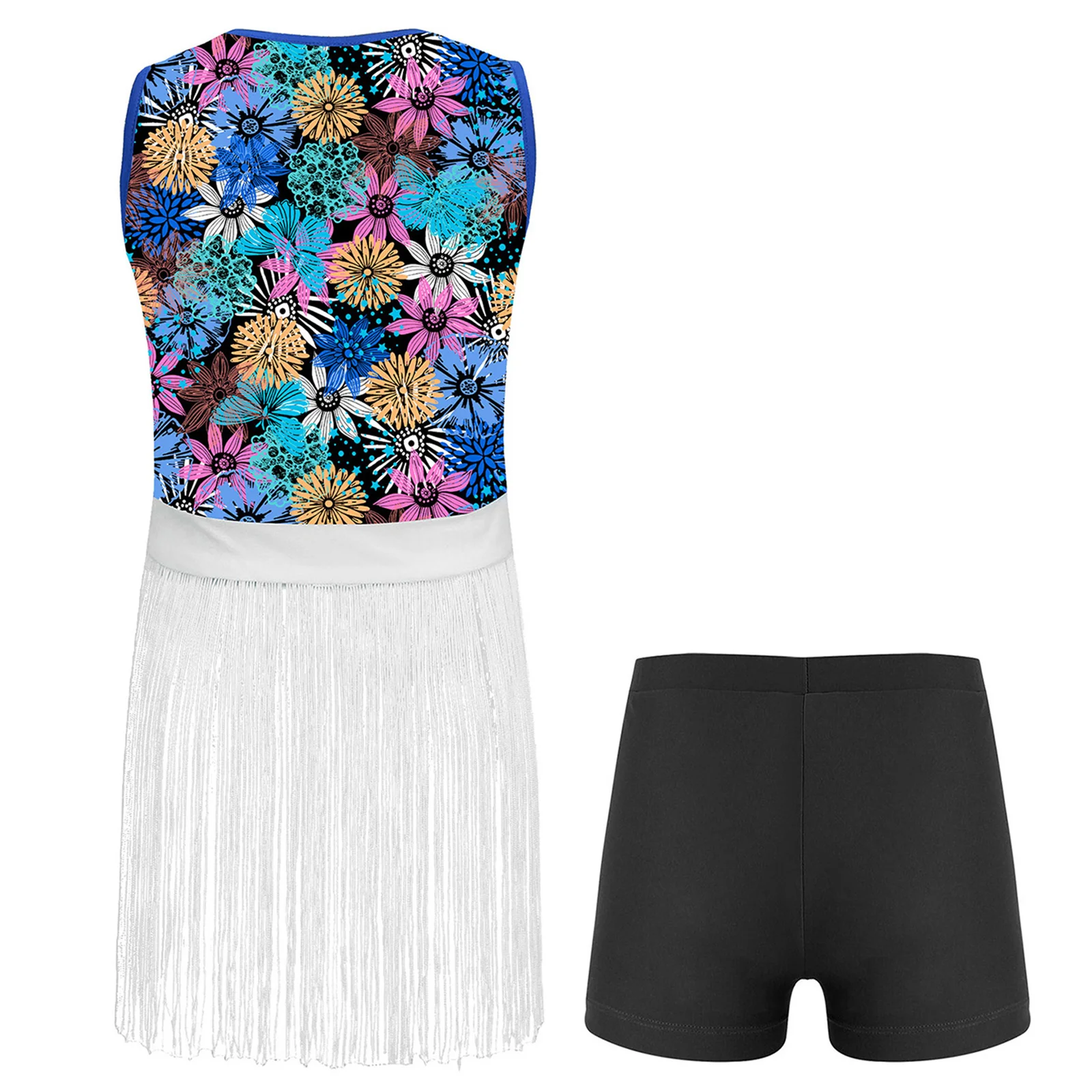 2 uds niñas danza moderna Salsa latina salón de baile Cha traje de baile estampado Top corto con flecos camiseta sin mangas Top de baile con pantalones cortos