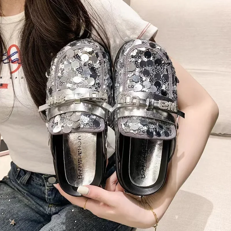 

Women's Round Head Sequin Baotou Slippers 2024 New Model Water Diamond Platform Lazy Shoes Fashionable Designer Sandals