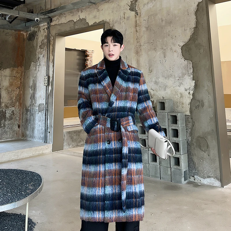 

Retro Plaid Thiened Winter Coat Men's Korean Sle Belted oulder Pad Mid-Length Woolen Coat Over-Knee Windbreaker Jaet