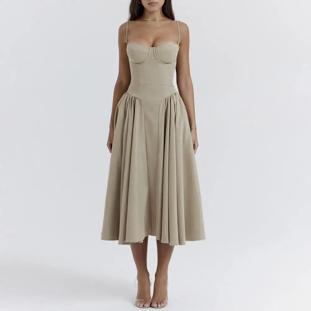 

Big Swing Dress Elegant Spaghetti Strap Midi Dress for Women Low-cut Backless A-line Cocktail Party Prom Dress with Slim Waist