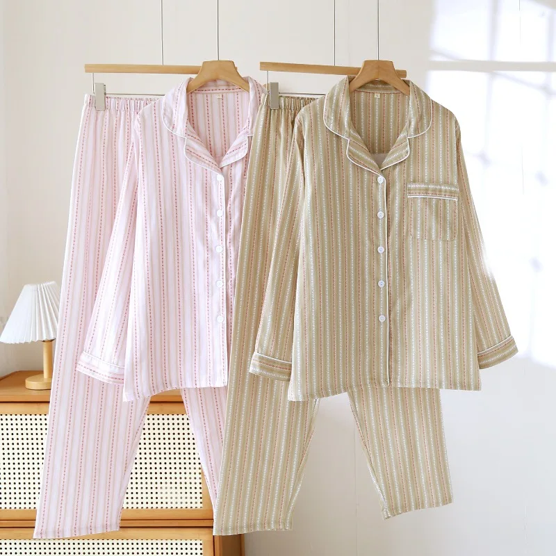 

Autumn Cotton Gauze Couple Pajamas Men and Women Casual Simple Loungewear Long Sleeves Pants Lapel Stripes Home Clothes