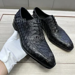 Luxury Men Black Genuine Leather Stone Pattern Oxfords Gentleman Square Flat Business Work Lace-Up Sneakers Party Wedding Shoes