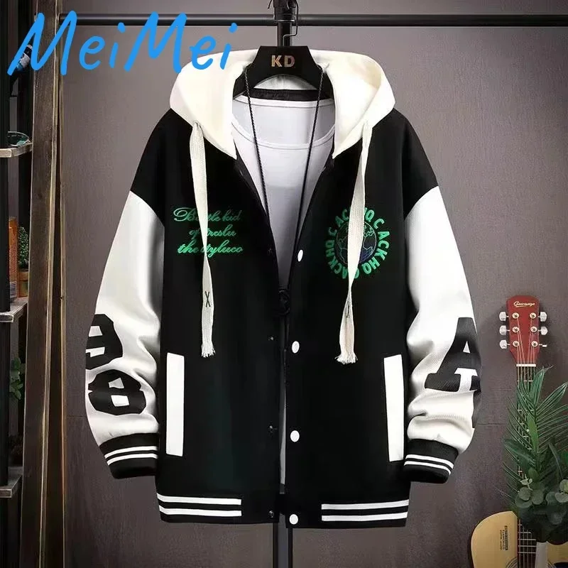 

2024 Stitching Hooded Winter Jacket Men Korean Version All-match Earth Pattern Clothing Loose Single-breasted Youth Coats