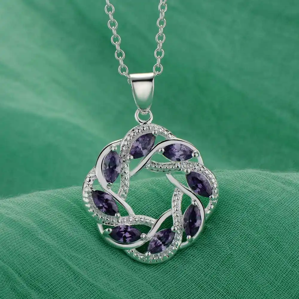 925 Sterling Silber Halskette Anhänger Lila Zirkon für Damen Hochzeit Verlobung Schmuck Kristall Zirkonium Mode Urlaubsgeschenk
