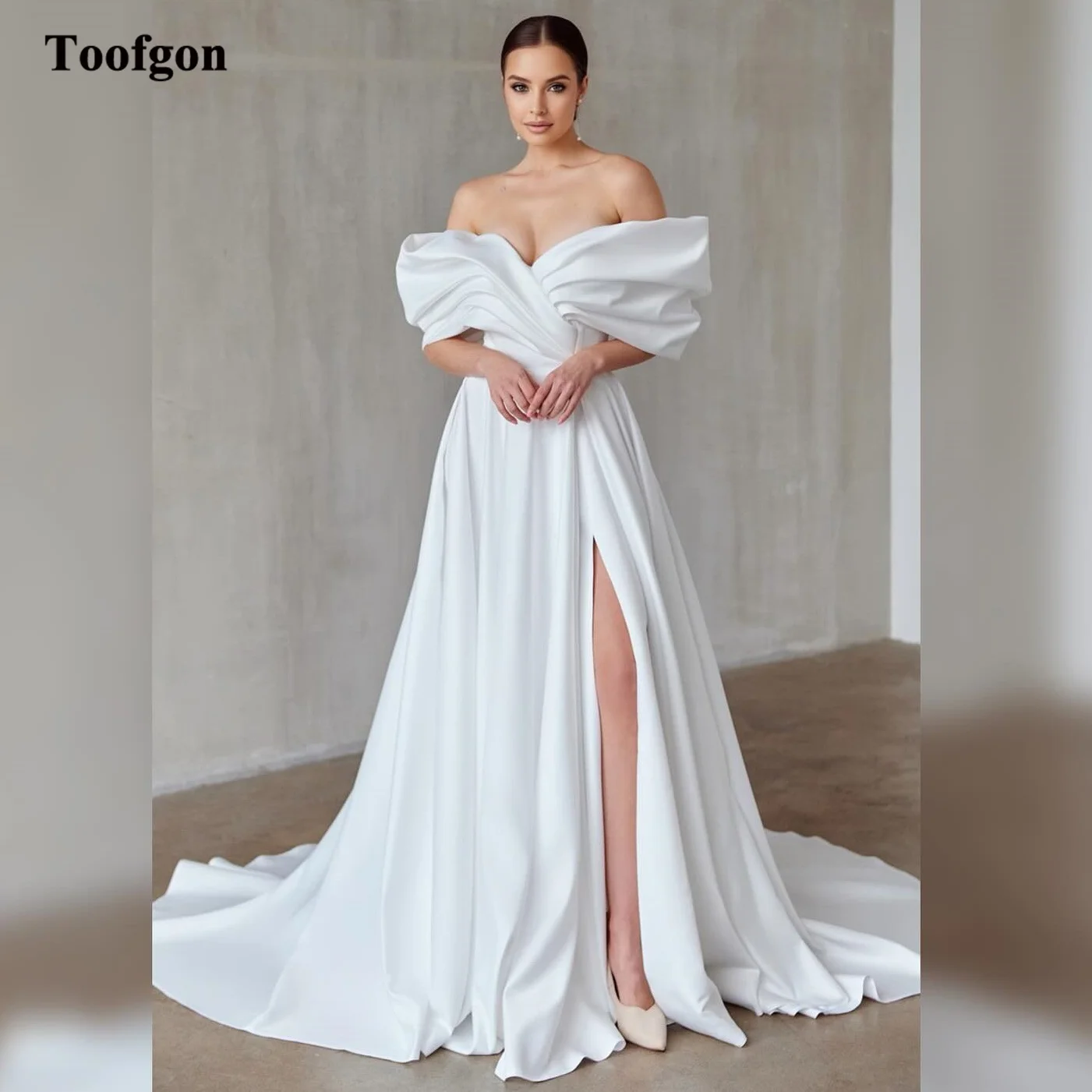 

Toofan A Line с открытыми плечами Свадебные платья невесты по индивидуальному заказу Плиссированные атласные вечерние свадебные платья с разрезом по бокам Женская фотосессия