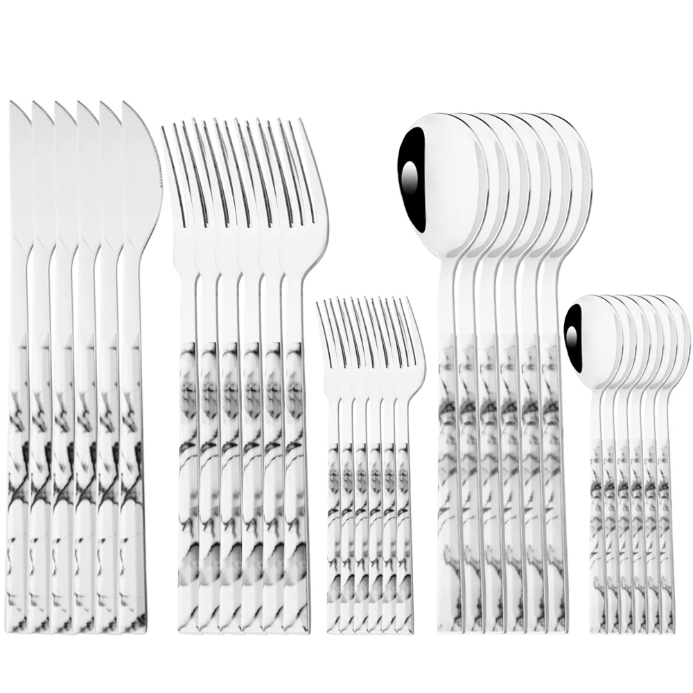 Glossy White Silver Dinnerware Stainless Steel Cutlery Set Knife Fork Spoons Dessert Fork Flatware Marble Texture Tableware Set