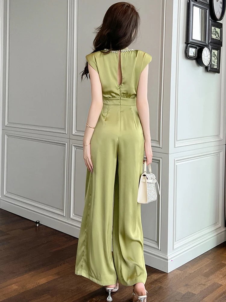 New Summer Long Jumpsuit Women Elegant Fashion Green Pockets Folds High Waist Wide Leg Pants Mujer Holiday Party Banquet Rompers