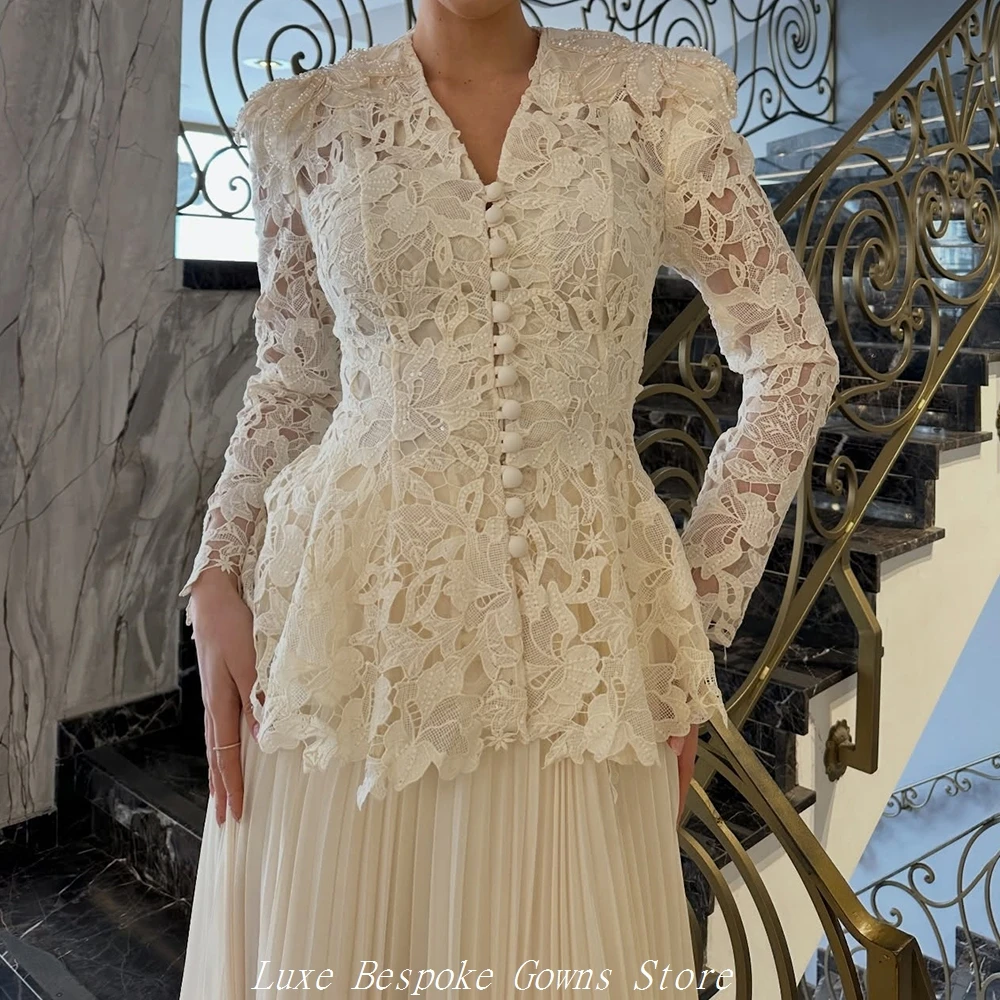 Women's Formal Evening Gowns A-line Floor-length V-neck Full Sleeve Prom Dresses Fashion Lace Button Draped Customized Gowns