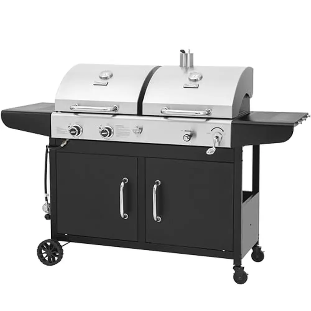 Gas and Charcoal Grill Combo with Side Shelves Hooks Outdoor Barbecue Party Grill