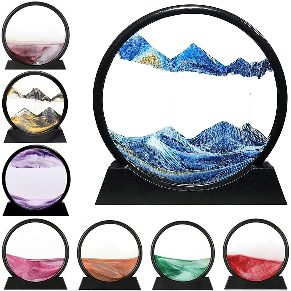 3D Dynamic Sand Art Liquid Motion Moving Sand Art Picture Round Glass Deep Sea Sandscape Motion Display Flowing Sand Frame Adult