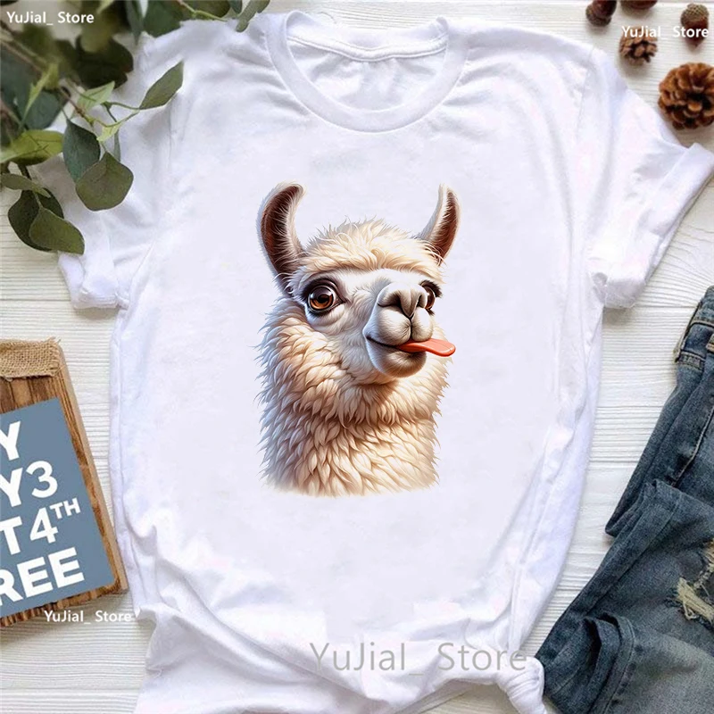 Funny Llama Amimal Printed Tshirt Girls Harajuku Kawaii Clothes Summer Fashion Short Sleeve T-Shirt Women White T-Shirt Female