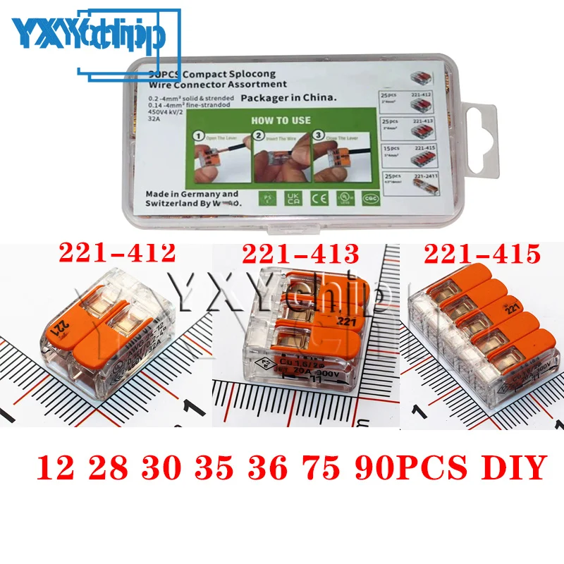 12/28/30/35/75/78/90PCS Original Quick Wiring terminal DIY 221-412/413/415/2411 0.14-4mm² 2/3/5 holes Push-in LeverWireConnector