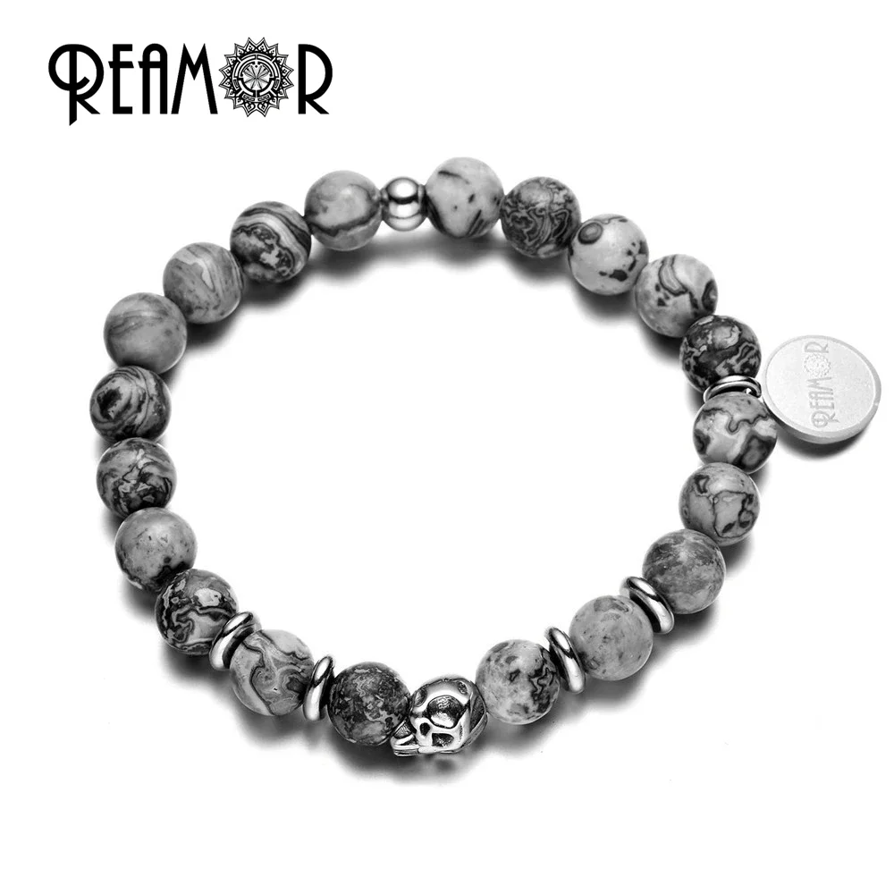 REAMOR Brand Natural Gray Map Stone Bracelet Stainless Steel Skull Beads Bracelet with Logo Tags Elastic Strand Men Bracelets