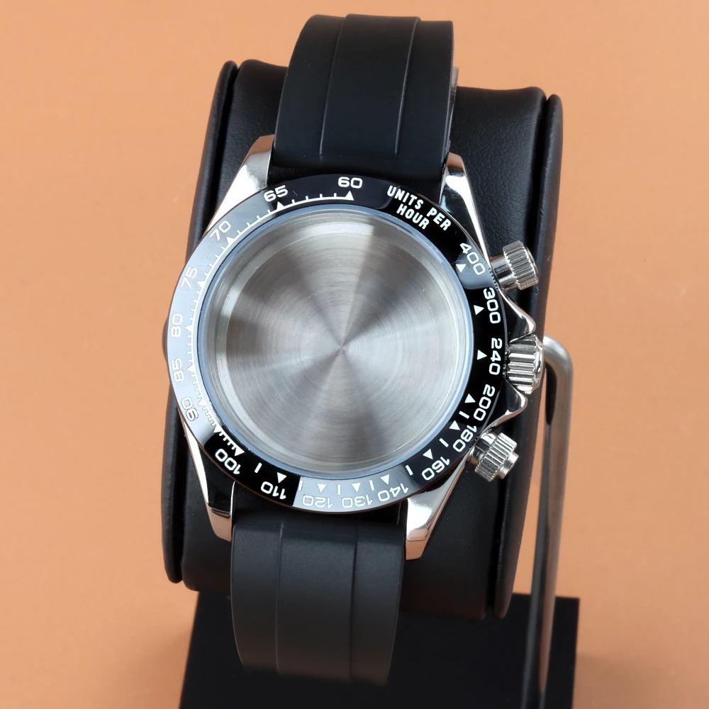 Black/Silver Bezel VK63 40mm Fit Daytona Watch Case Stainless Steel For VK63 VK64 Movement 29mm Dial Waterproof Rubber Strap