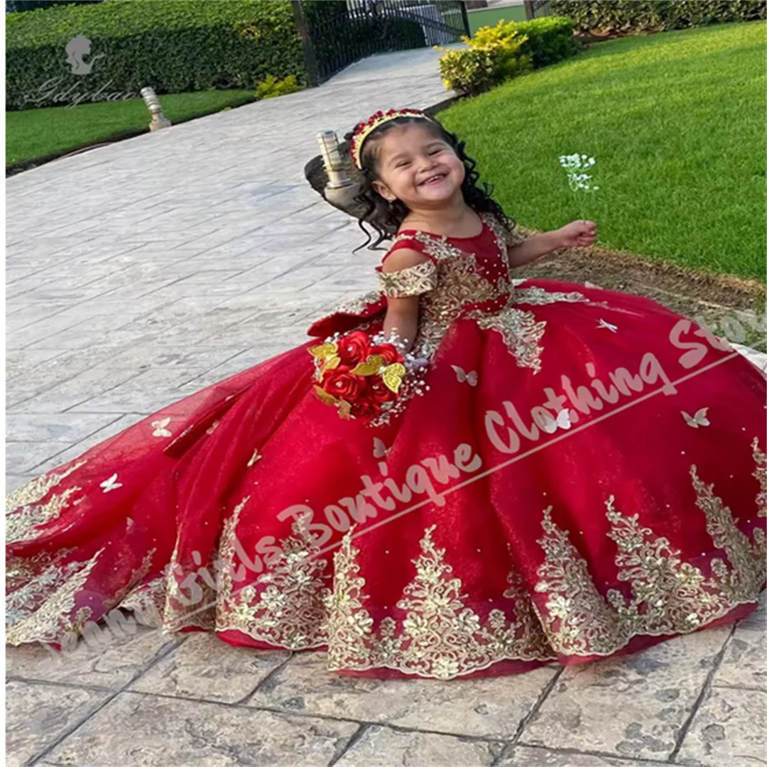Luxurious Red Flower Girl Dress Fluffy Gold Lace Bow Children's Party Dress For Communion Banquet Performance Custom