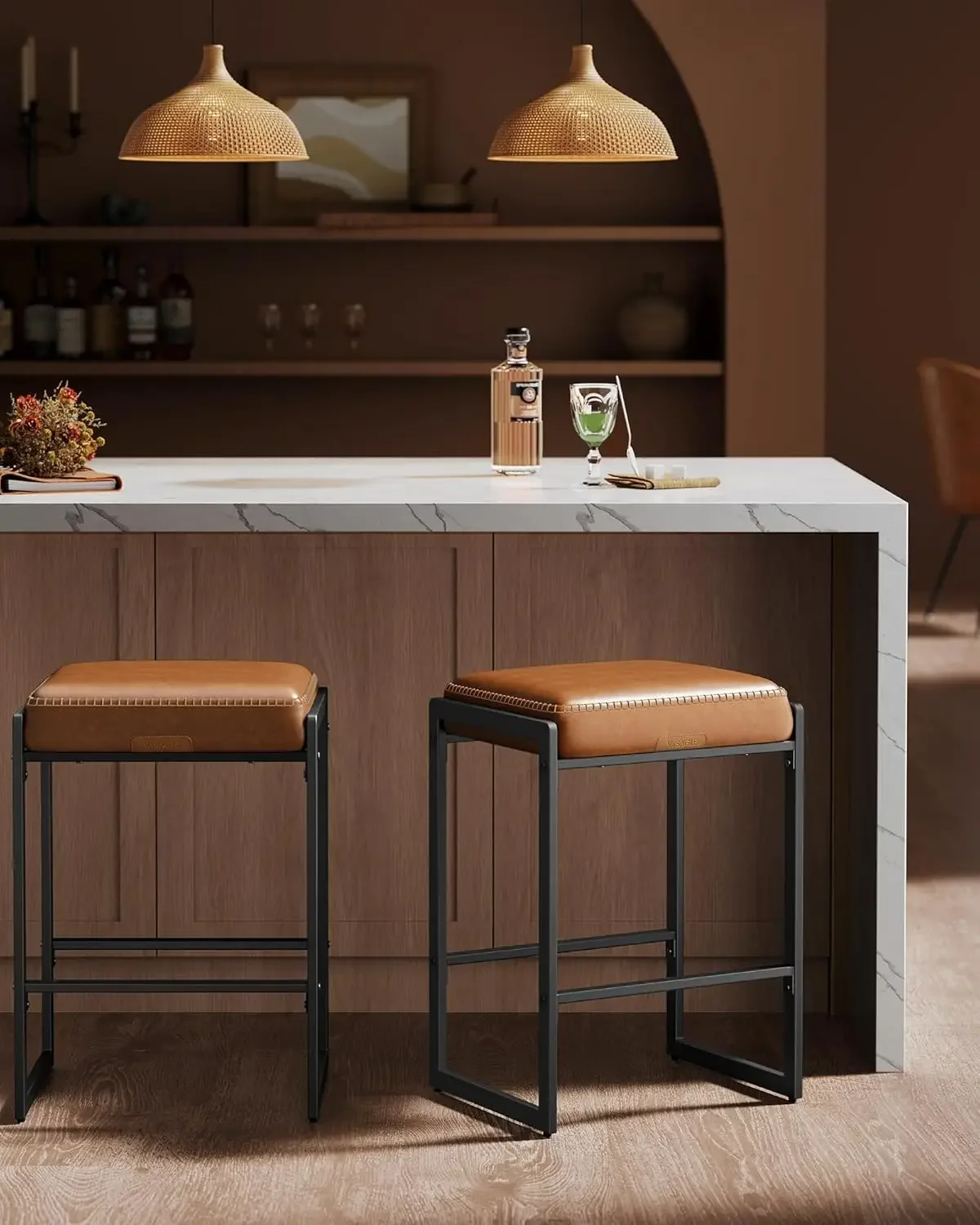 Bar Stools Set of 4, Counter Height Bar Stools, Synthetic Leather with Stitching, Mid-Century Modern Counter Stools