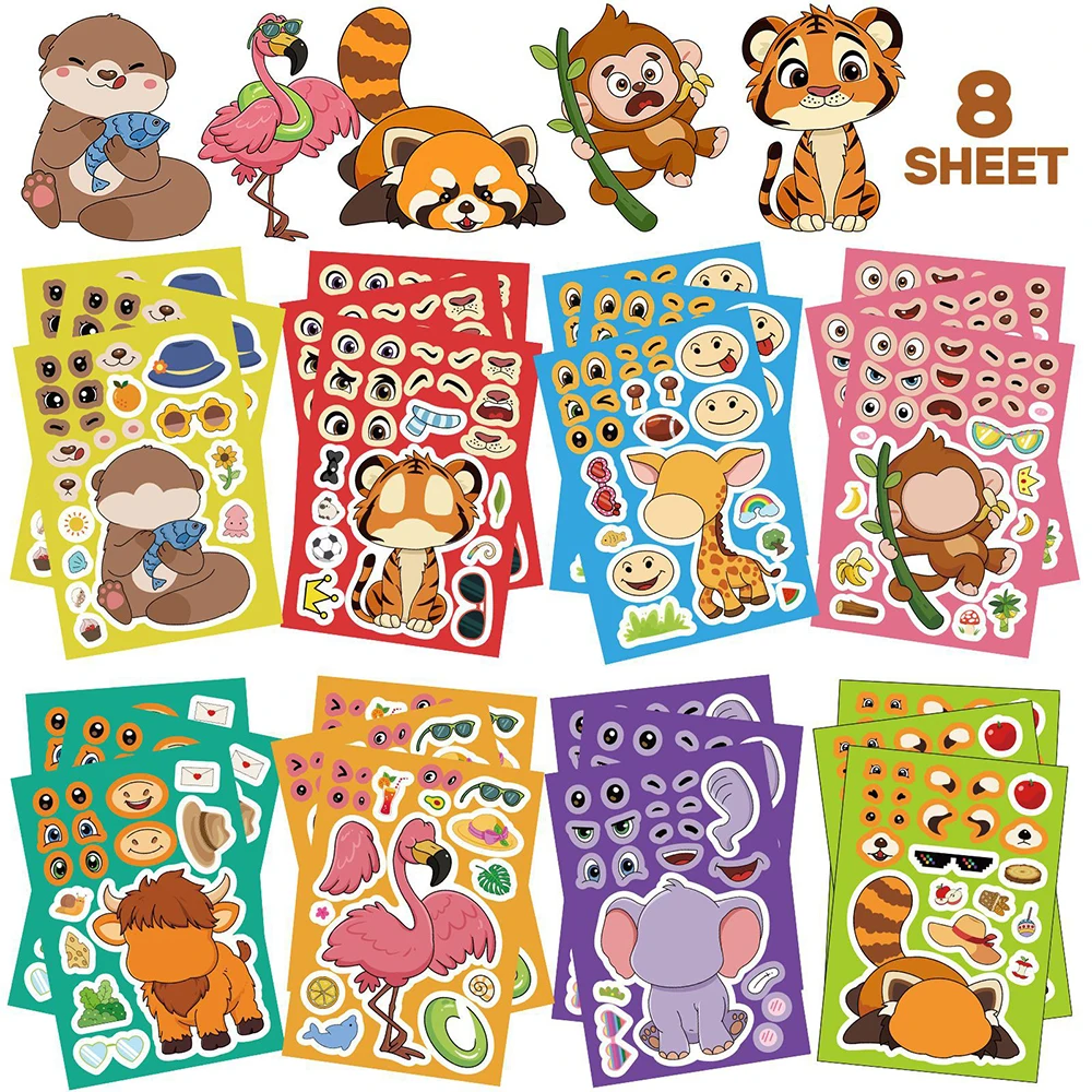 8/16sheets Cute Animal Make a Face Puzzle Stickers Game Monkey Tiger Cartoon DIY Assemble Jigsaw Education Toy Party Reward Gift