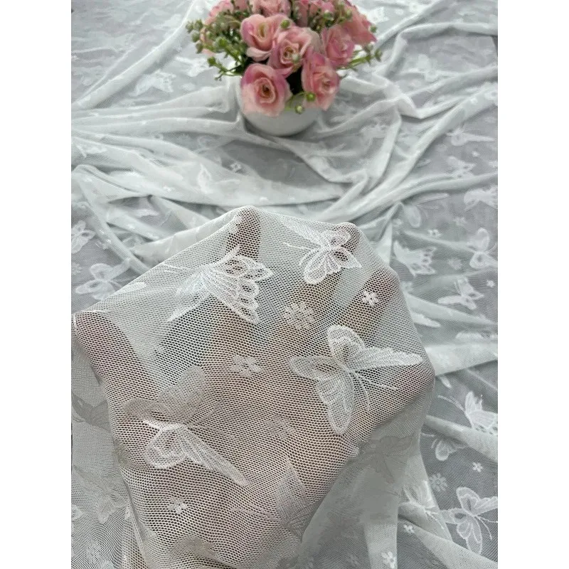 

New Black and White Elastic Butterfly Lace Soft Embroidery Lace Fabric Handmade Children's Skirt Socks Fashionable Design Fabric