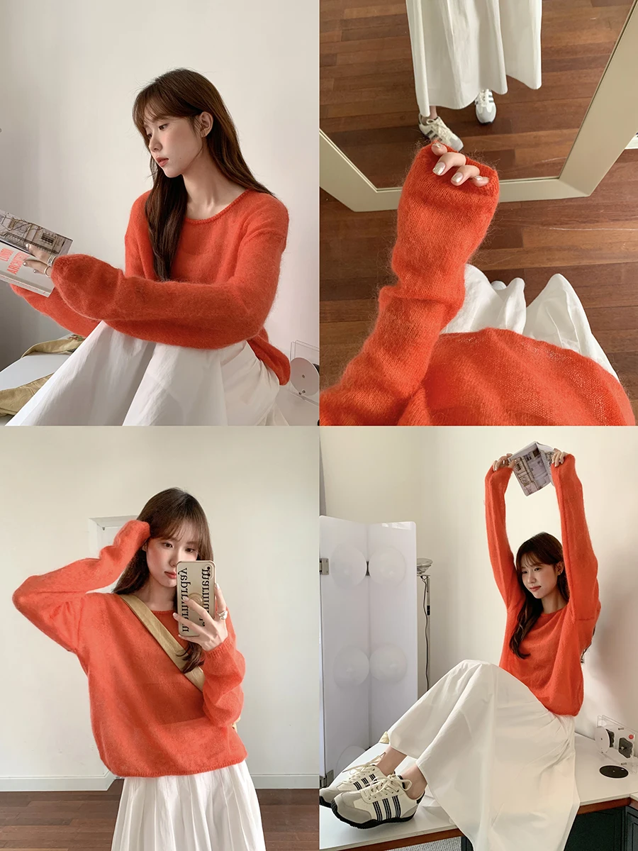 

Вязаный свитер Linyunyun оранжевого цвета для женщин, повседневный, в расслабленном стиле, весна 2025, корейский свободный крой, универсальный топ, для работы и отдыха, с длинными рукавами