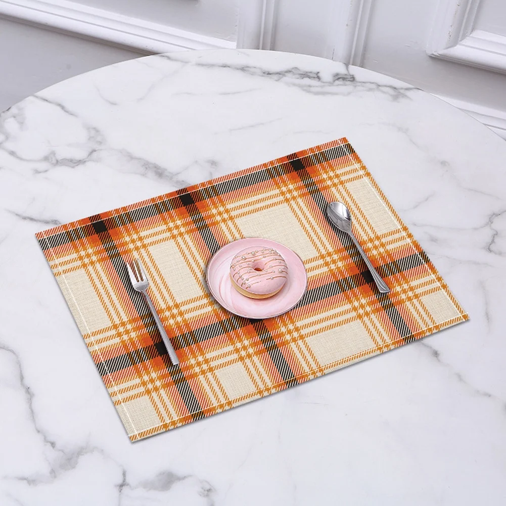 Placemats Made with Linen and Orange Plaid Pattern Heat Resistant for Kitchen and Dining Table Protection 42x32cm