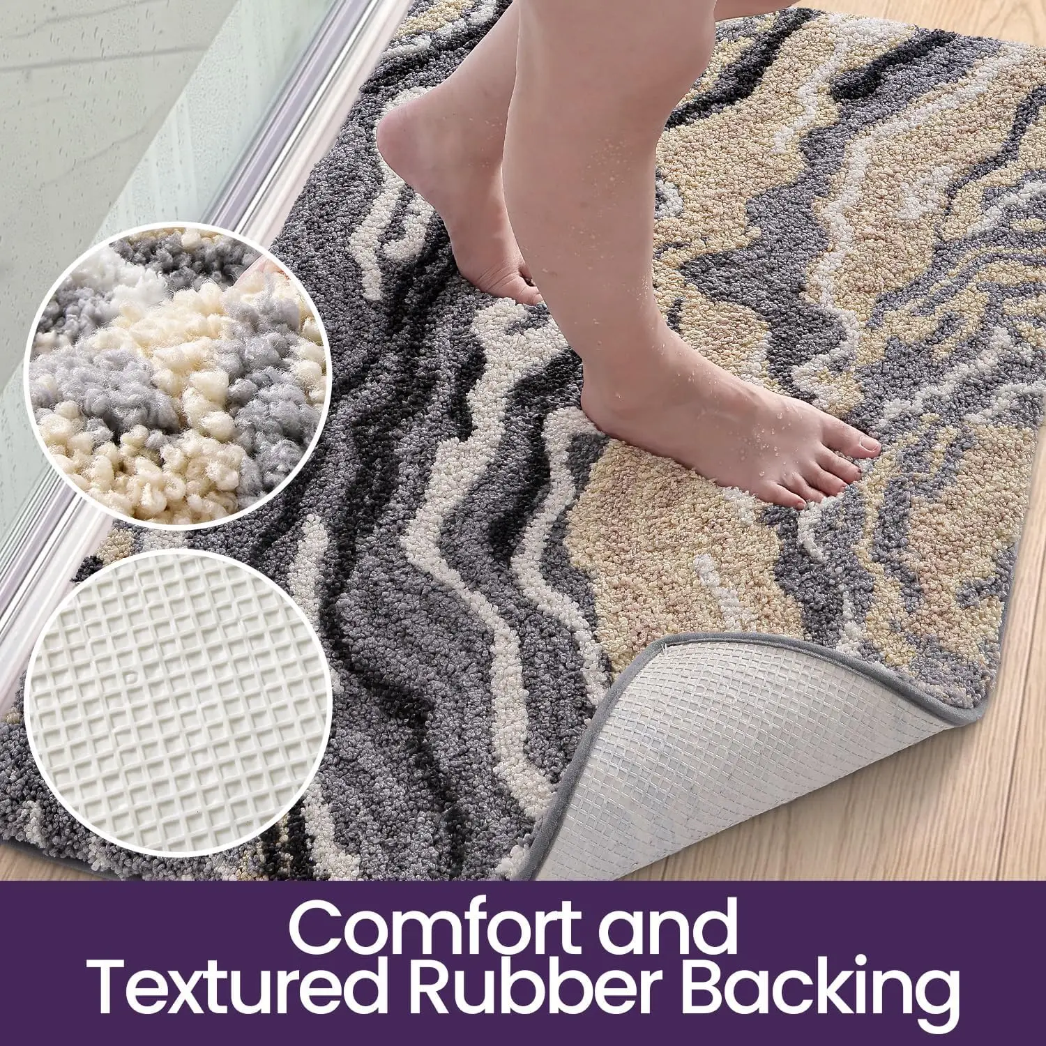 Super Absorbent Wave Stripe Bath Rug, TPR Non-Slip Backing Bathroom Mat, Soft Plush Machine Washable Anti-Bacterial Bath Carpet