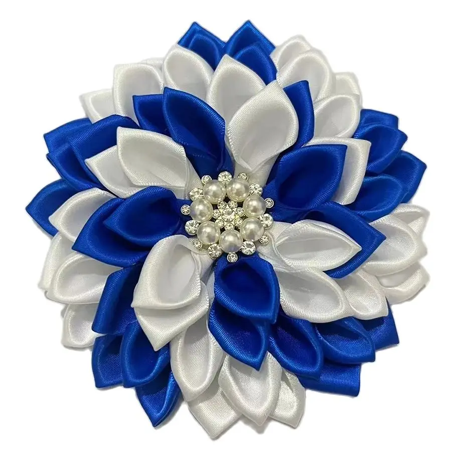 Solid Royal Blue White Fabric Ribbon Flower Greek Zeta Phi Beta Corsage Brooch