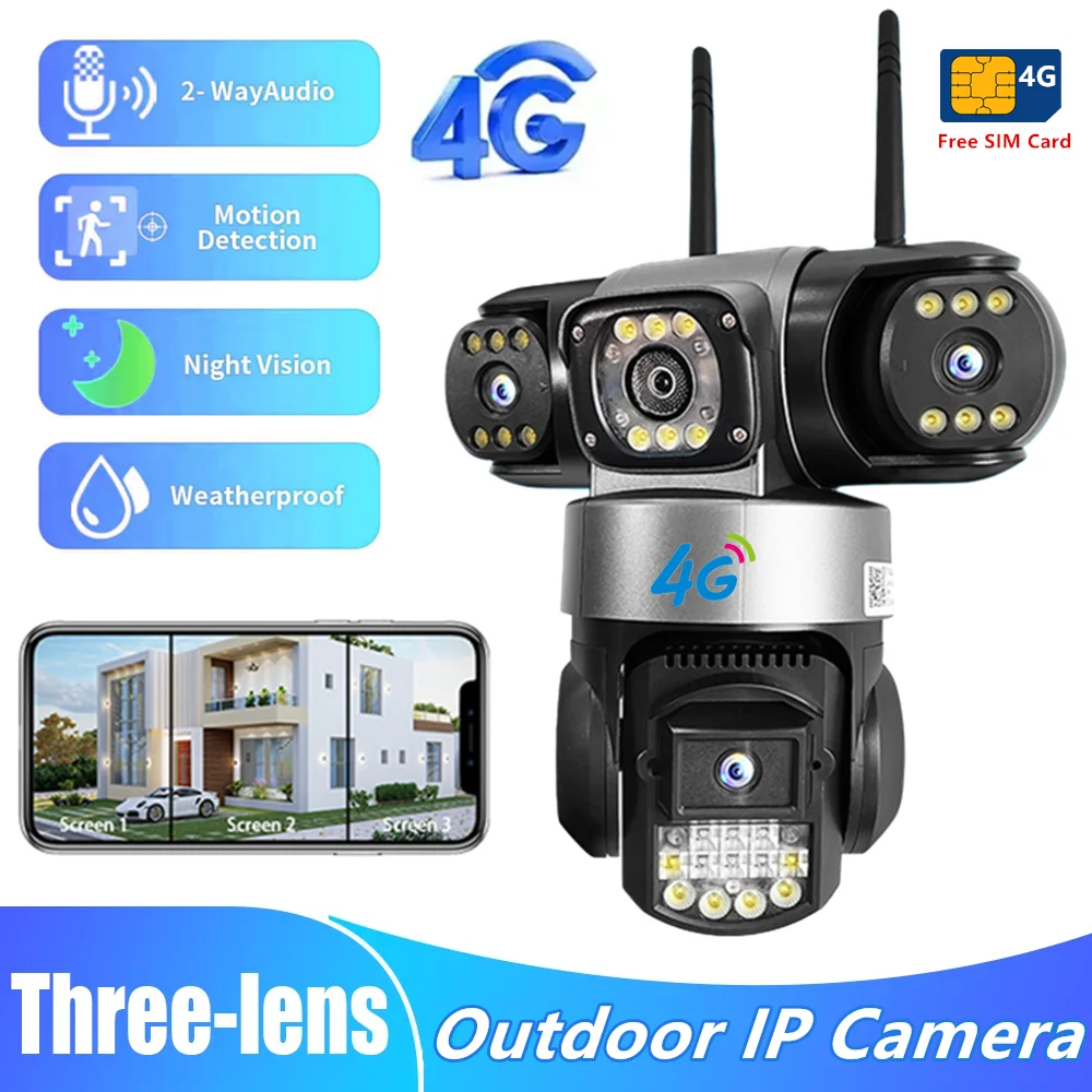 

4G 15MP IP CCTV уличная водонепроницаемая камера безопасности с тремя объективами ночного видения двусторонний домофон мобильная сигнализация 360 ° SIM-карта PTZ 4G