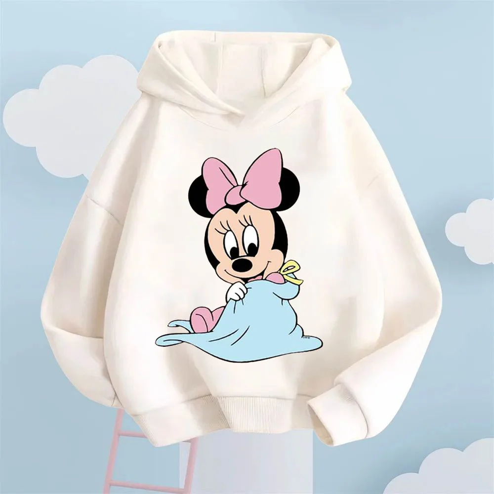 Children's hoodie with Disney Minnie print pattern fashion pullover, autumn and winter casual top, girls' long sleeved Harajuku