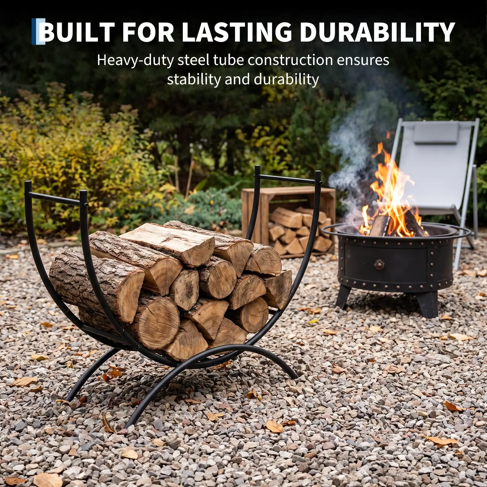 31.5Inch Curved Firewood Rack Powder-Coated Steel Log Holder for Indoor Outdoor Fireplace, Fire Pit, Patio – Rust-Resistant, Keeps Wood Dry – Black