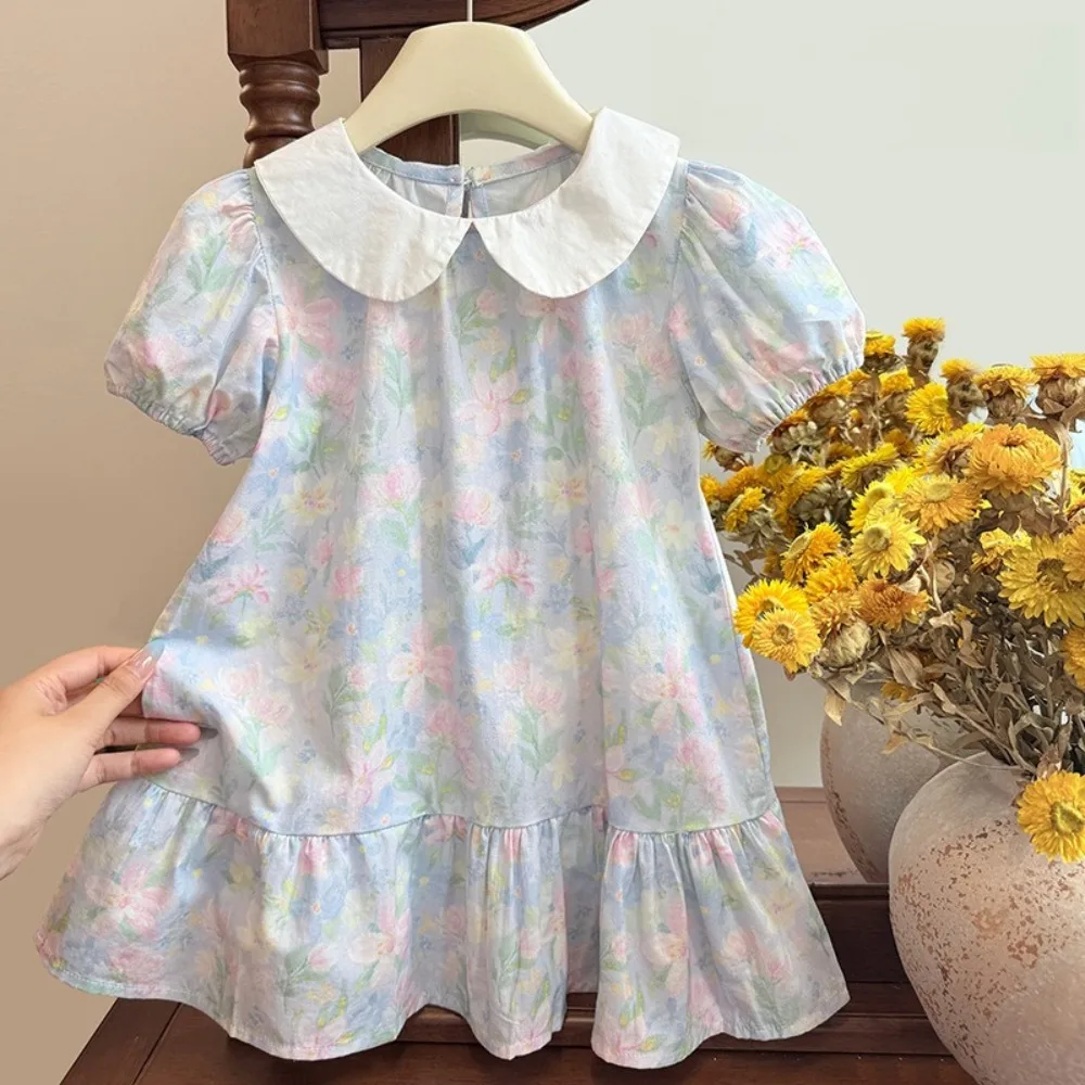 2026 Summer Girls 100% Cotton Dress, Korean Style All Over Oil Painting Print Trendy Fashion Dress for Baby Girls