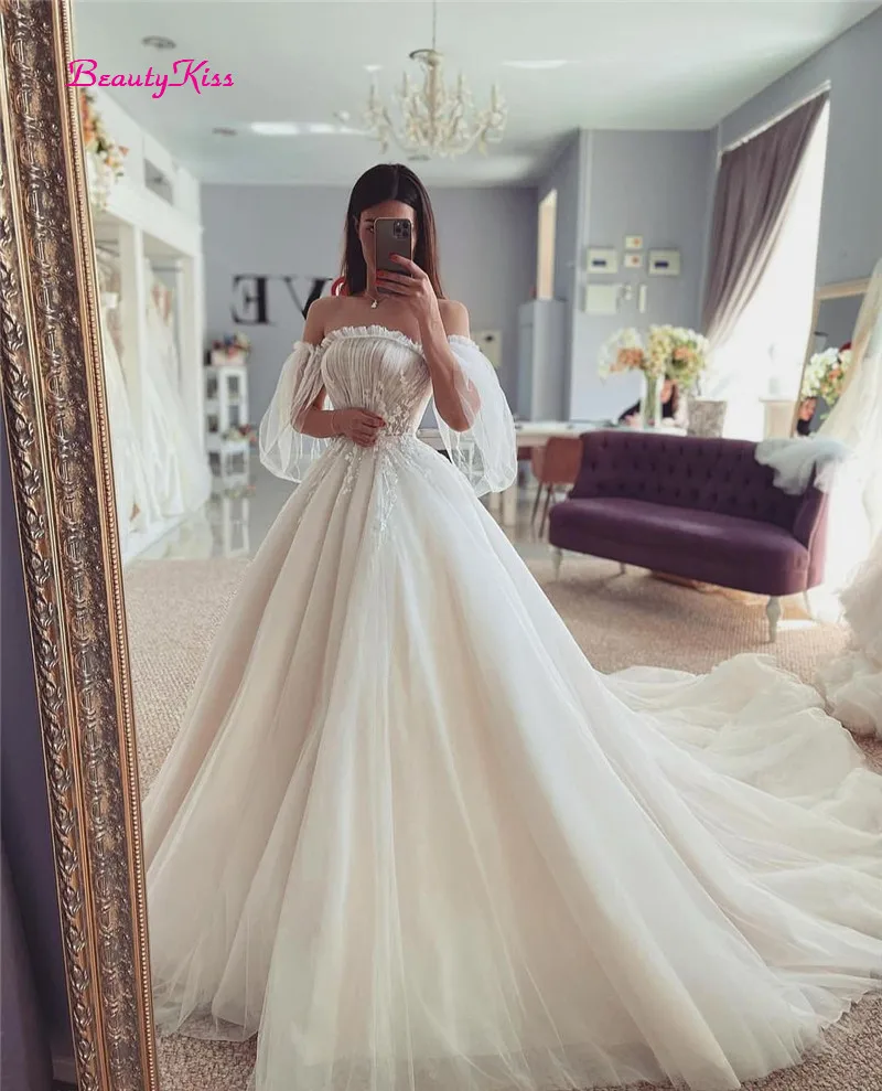 Abiti da sposa Boho manica a sbuffo principessa abito da sposa Vintage abiti da sposa in pizzo corsetto indietro senza spalline Robe de Mariee