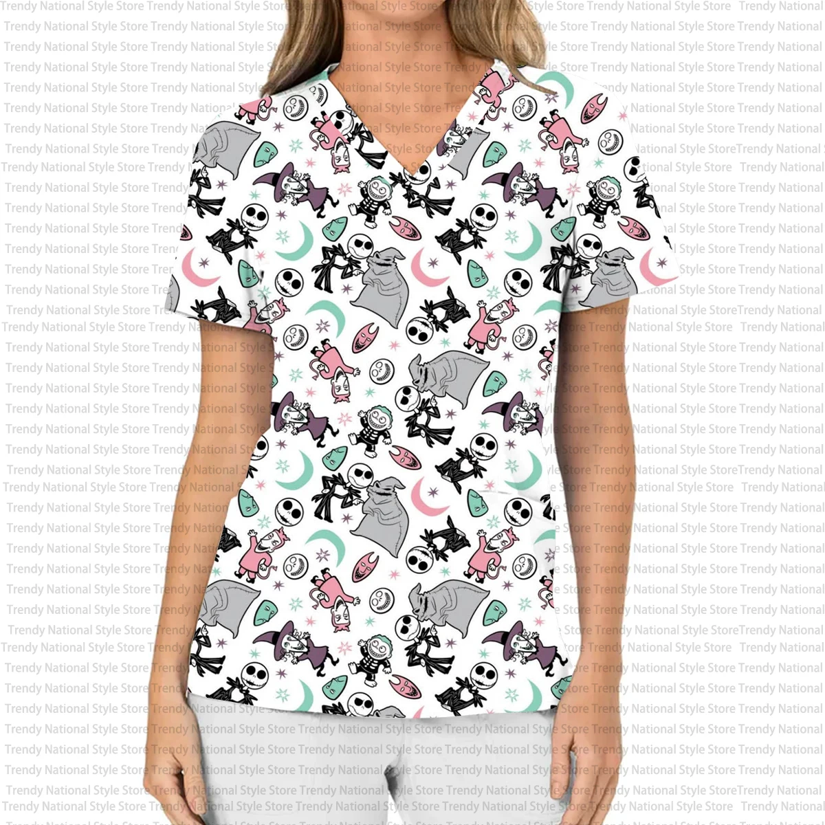 Halloween Nightmare Before Christmas Jack & Sally Print Women's T-shirt V-neck Pocket Scrub Top Dental Beauty Salon Pet Shop Top