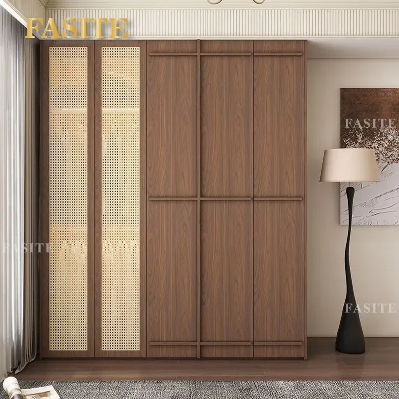For High-end Retro Walnut Wardrobe with Medieval Rattan Design Bone Line Finish Floor-to-Ceiling Storage for Home Bedroom