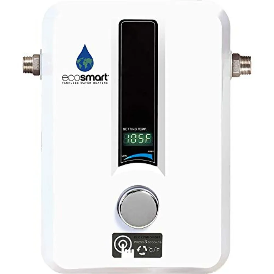ECO 11 Electric Tankless Water Heater for residential use, stainless steel body, matte black finish, patented self-modulating t