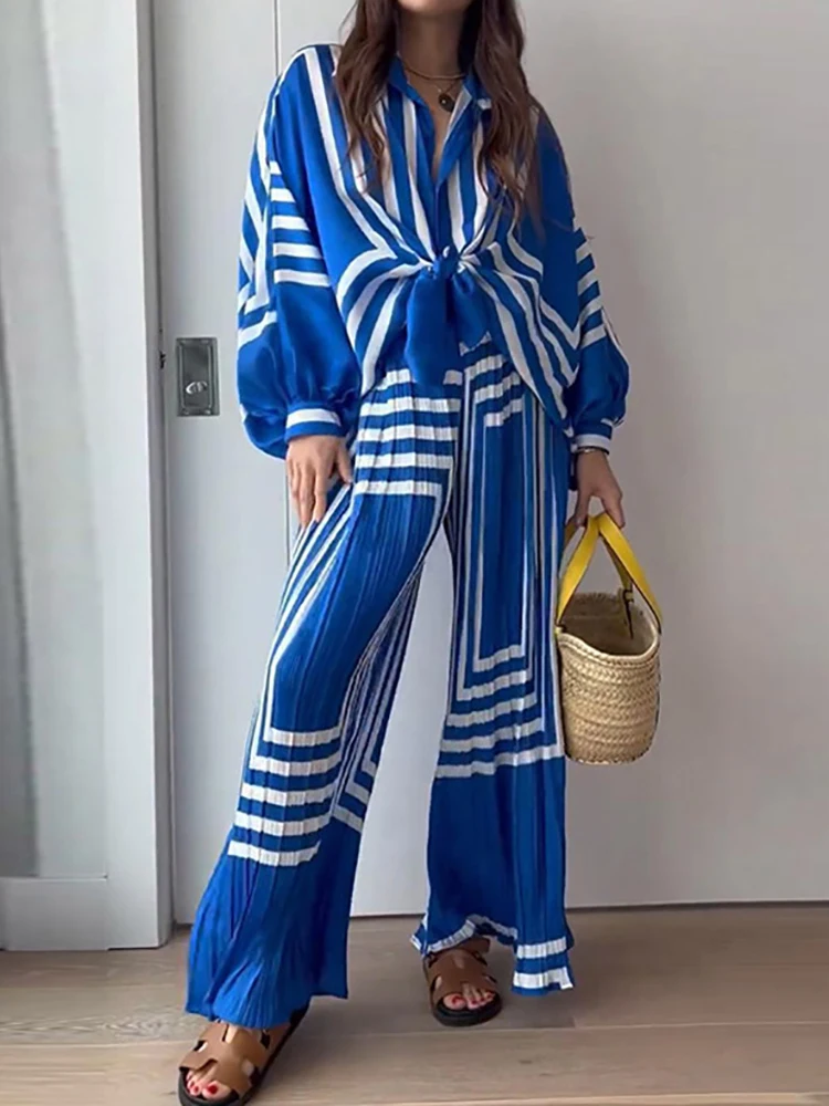 Summer Autumn Long Pants Print Elegant Set Women Casual Loose Top And Trousers Suit Patchwork Pleated Femme Pants Two Piece Set