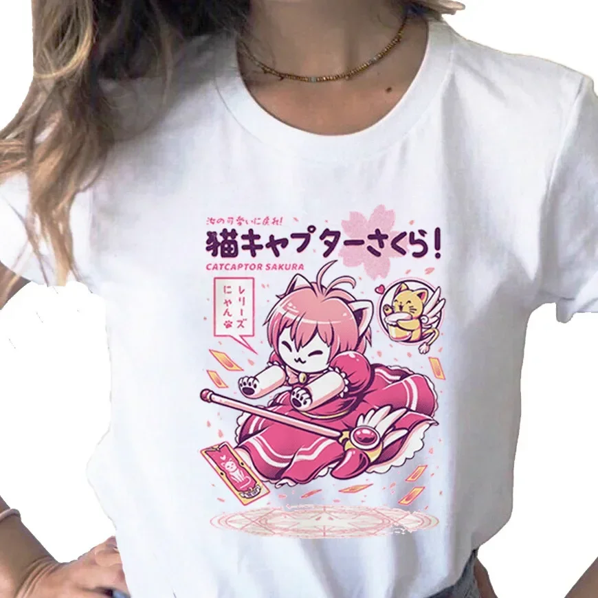 

Женская футболка открытка Каваий Captor Sakura Magic Girl с принтом, Повседневная Базовая белая футболка с круглым вырезом, розовая футболка с коротким рукавом, Прямая поставка