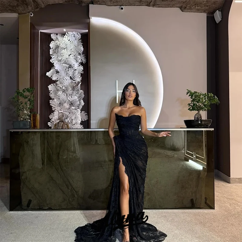 Aluna Customized Luxury Lace Evening Dresses Formal Occasion Dresses No Gloves Sexy High Leg Slit Strapless Party Gowns Corset